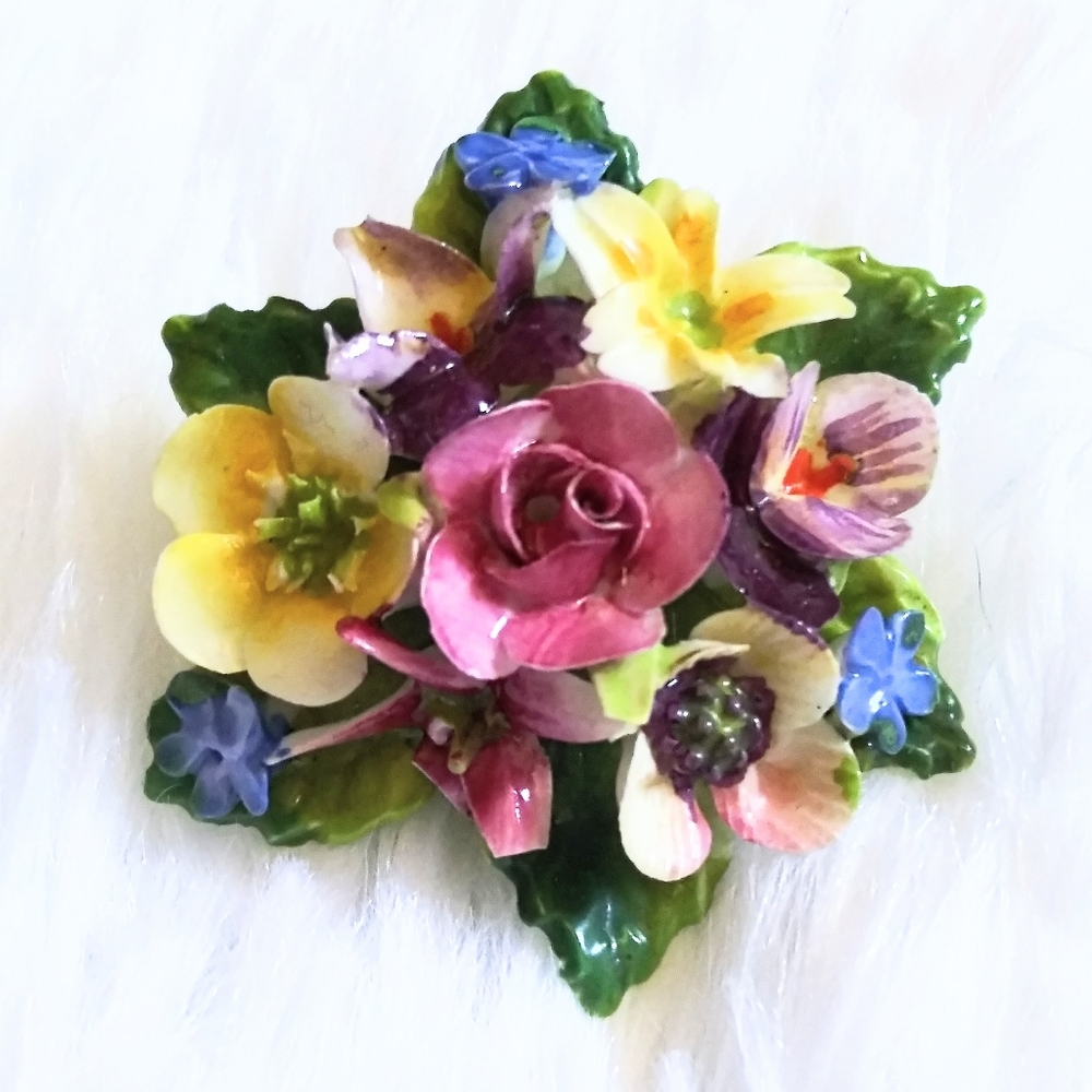 Vintage Crown Staffordshire Porcelain Pink Yellow Blue Green Flower Brooch